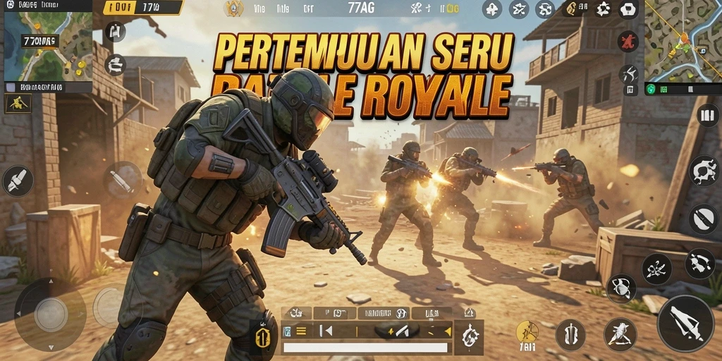Screenshot gameplay 77AG menampilkan aksi Battle Royale yang mendebarkan.