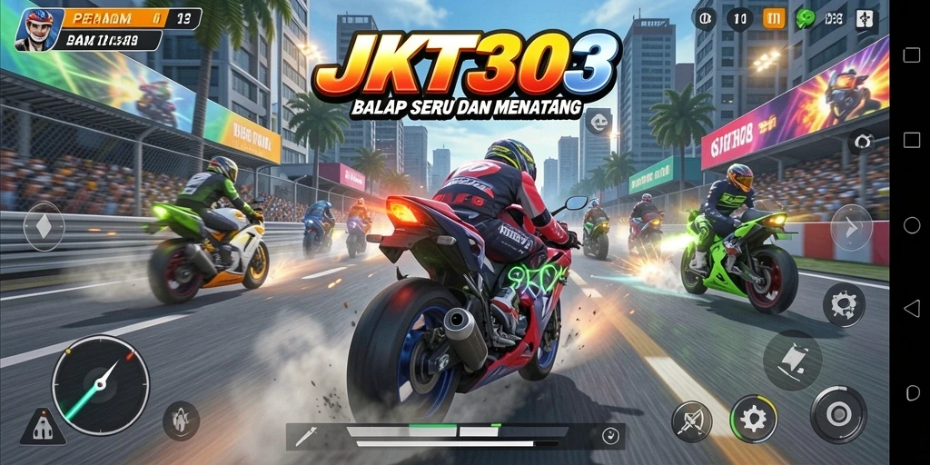 Screenshot utama menampilkan aksi balapan cepat di JKT303.