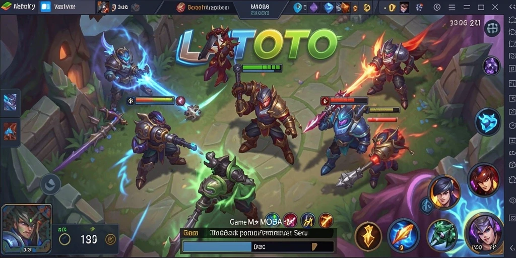 Screenshot LATOTO menampilkan pertempuran epik antar karakter MOBA.