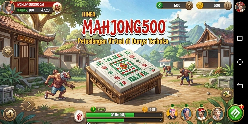 Screenshot menunjukkan gameplay <strong>MAHJONG500</strong> yang penuh warna dan interaktif.