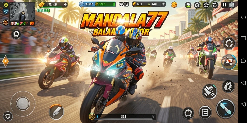 Screenshot gameplay MANDALA77 menampilkan balapan motor yang seru dan menegangkan.