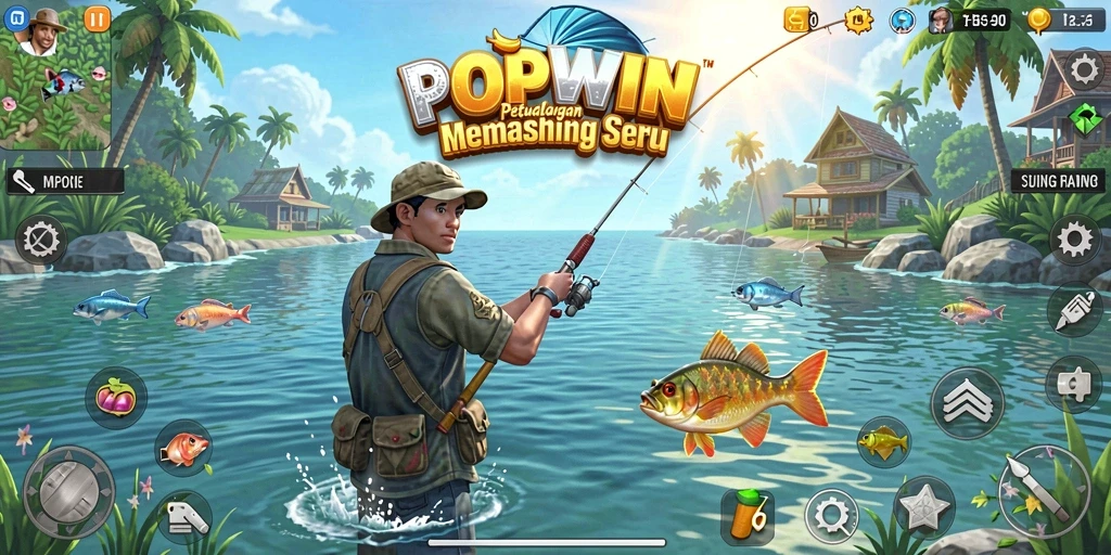Screenshot gameplay POPWIN menunjukkan aksi memancing seru di lautan.