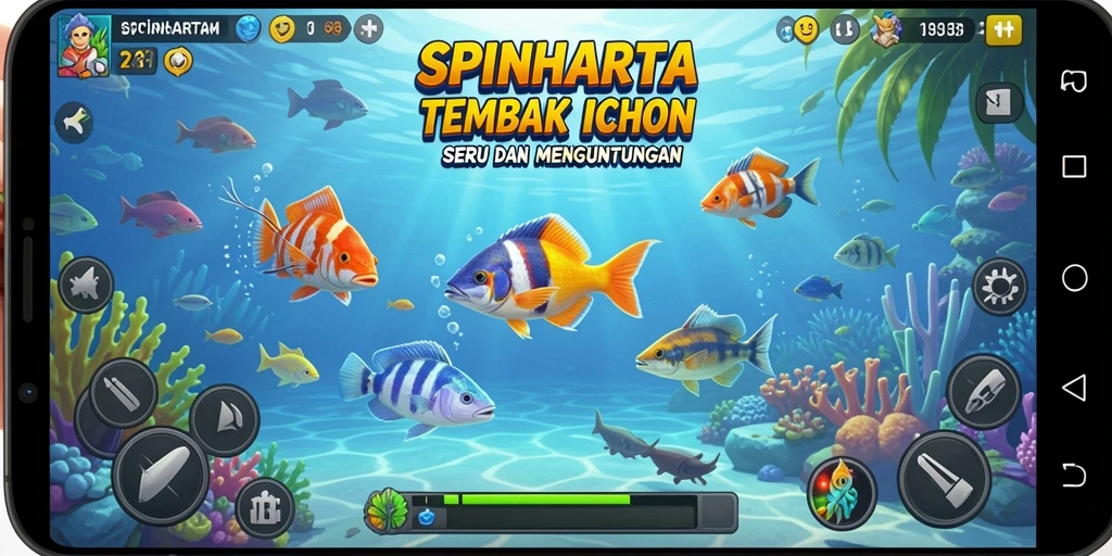 Tangkapan layar gameplay SPINHARTA yang menampilkan aksi menangkap ikan.