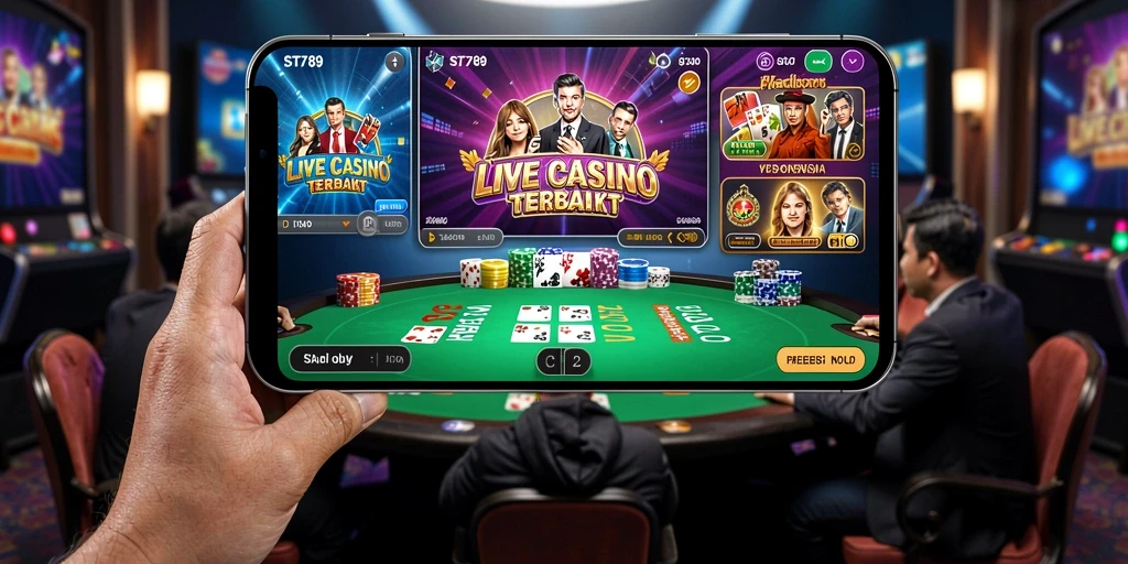 Screenshot gameplay ST789 menampilkan dealer langsung dan suasana kasino yang nyata.