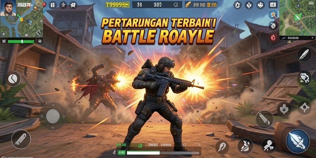 Screenshot T9999 menampilkan aksi seru dalam pertempuran Battle Royale.